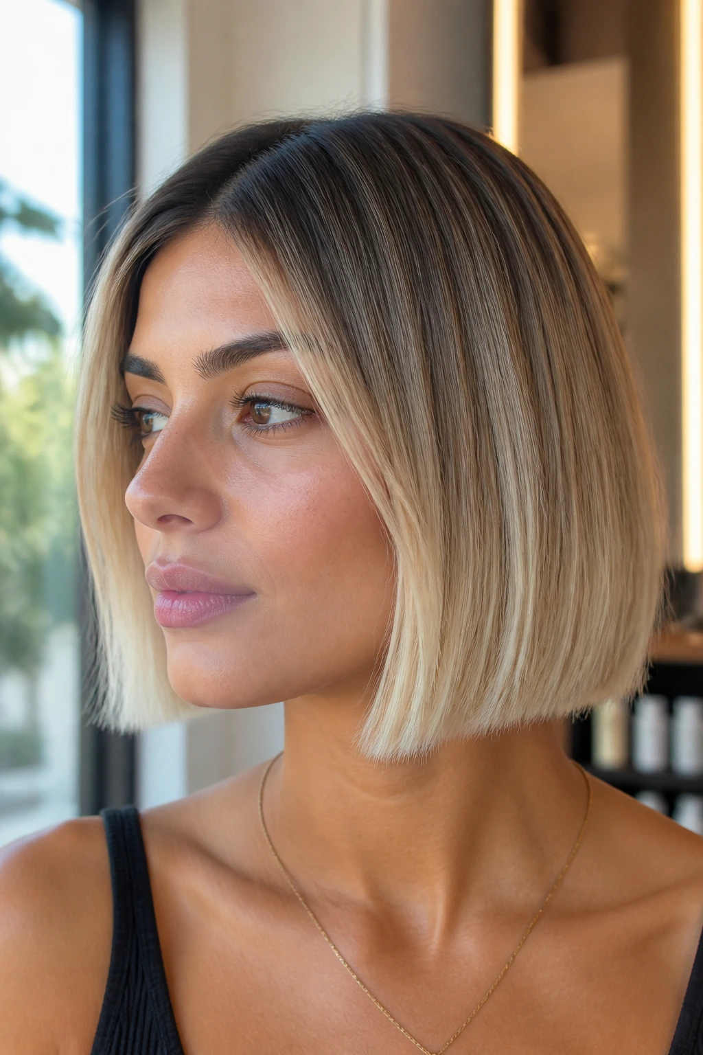 Real person with blunt chin-length bob and creamy blonde ends