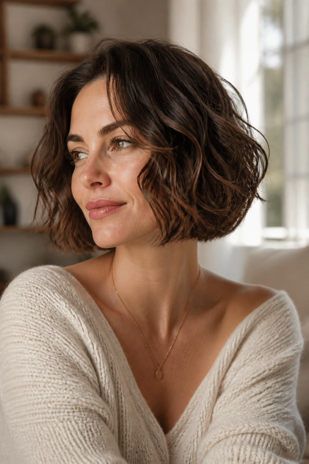 Close-up of a woman with a blunt chin-length bob and soft mid-length curls.