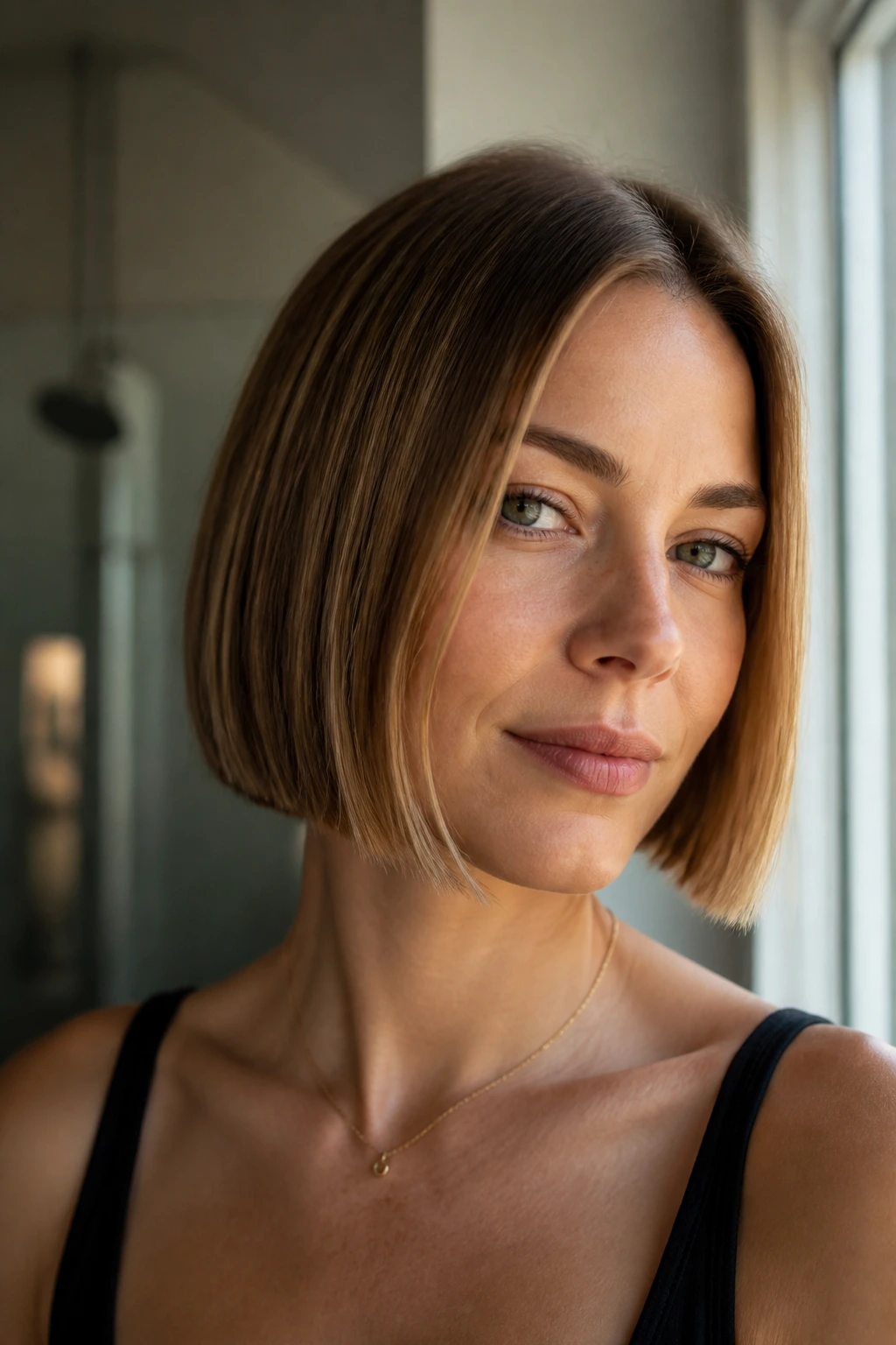 Portrait of a real woman with a blunt chin-length bob and straight perimeter