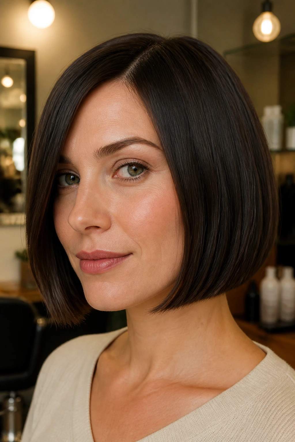 Real woman with blunt chin-length bob in warm salon lighting
