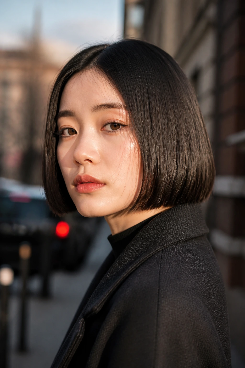 Close-up portrait of a real person with a blunt chin-length bob