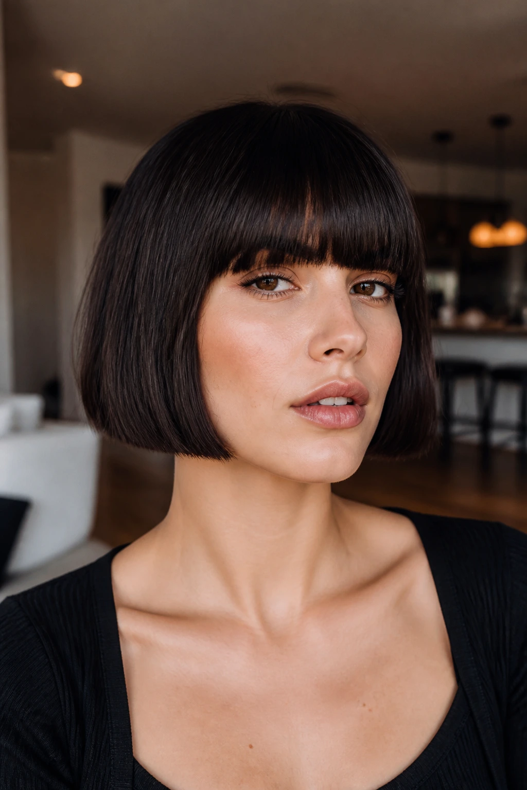 Real person wearing blunt chin-length bob with thick straight bangs
