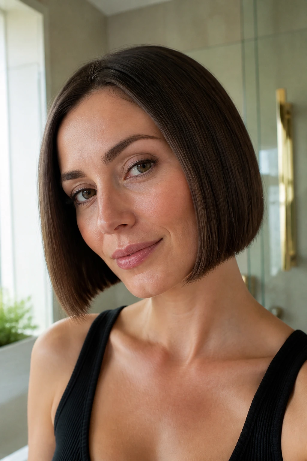 Close-up of woman with blunt chin-length bob showing crisp edge
