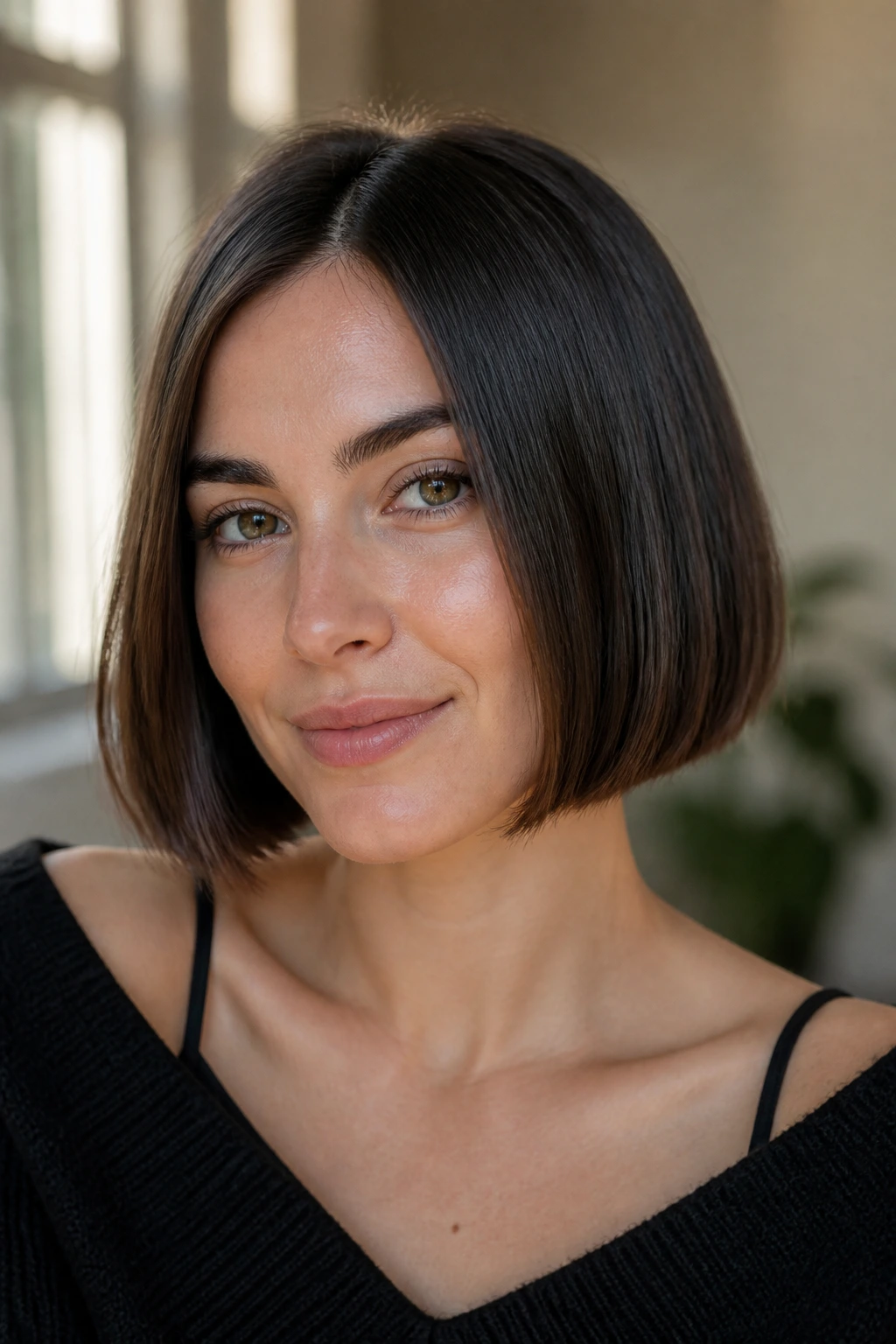 Real woman with blunt chin-length bob in soft natural light