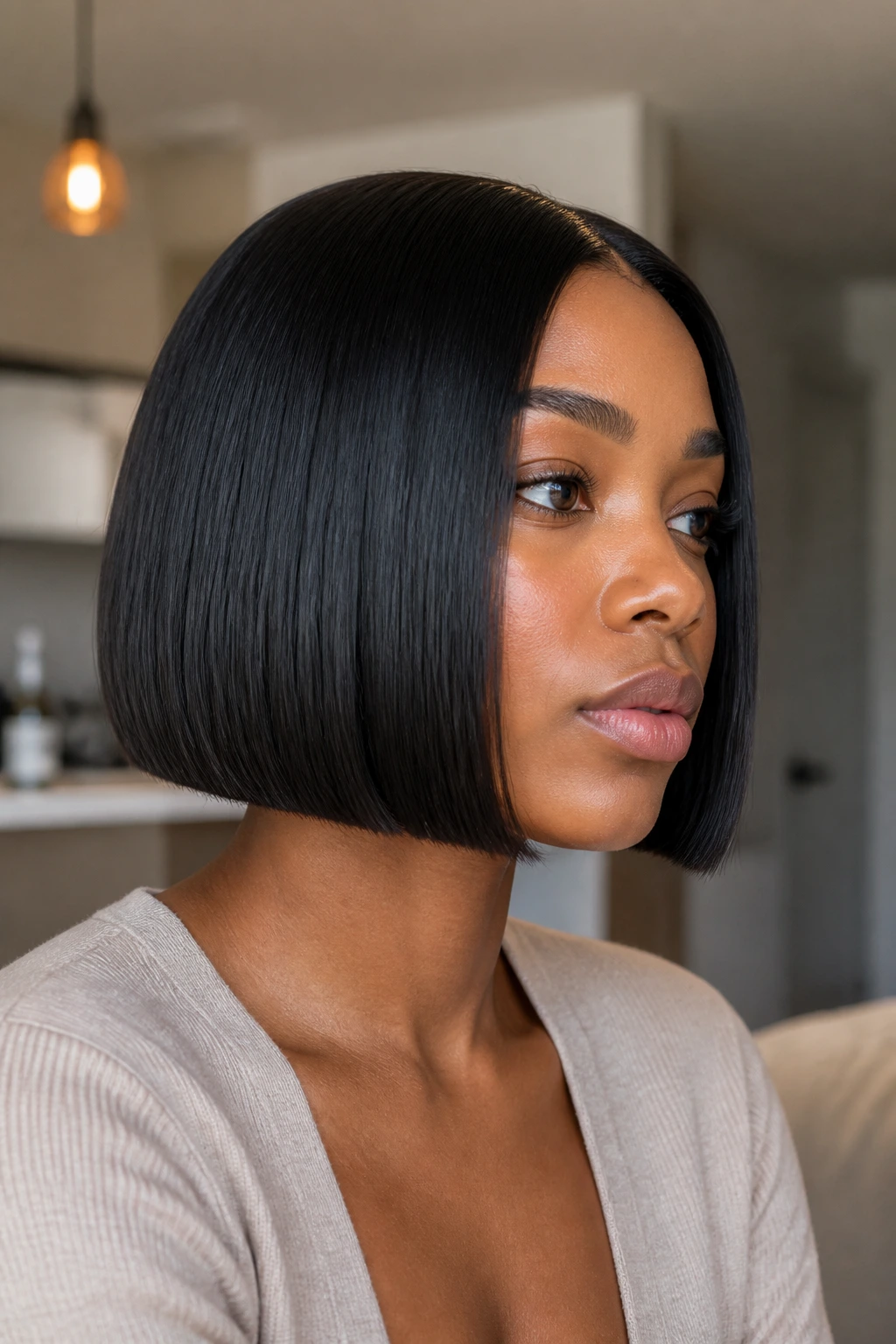 Close-up of a Black woman with a blunt chin-length bob