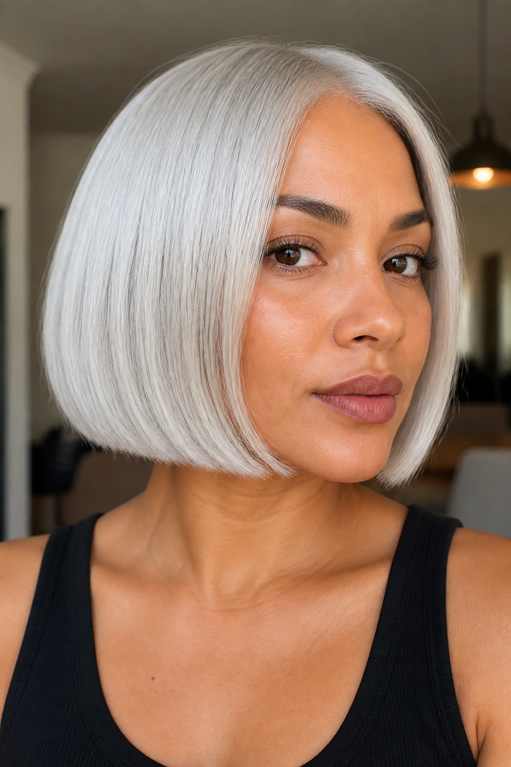 Portrait of a woman with blunt chin-length white-silver bob.