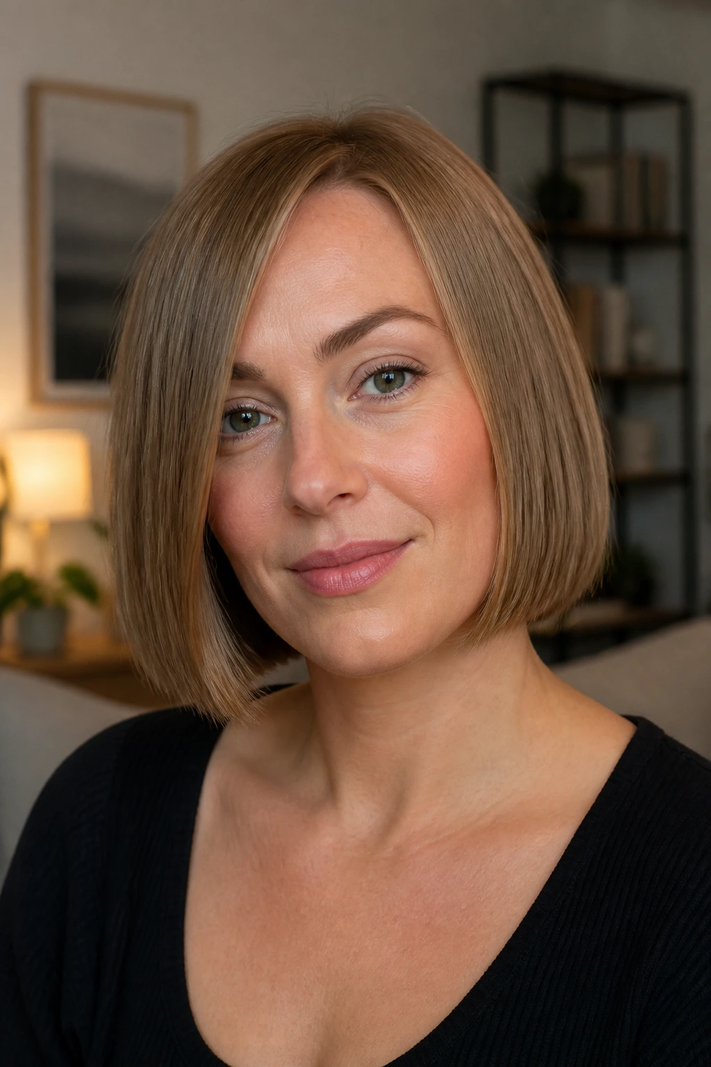 Real woman with blunt chin-length bob and straight edge.