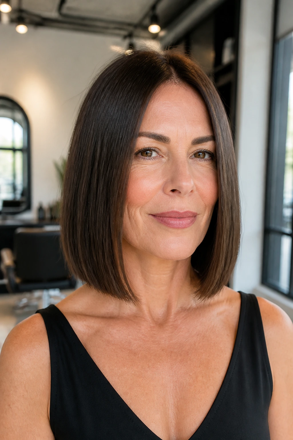 Blunt collarbone bob close-up on real woman in a bright salon
