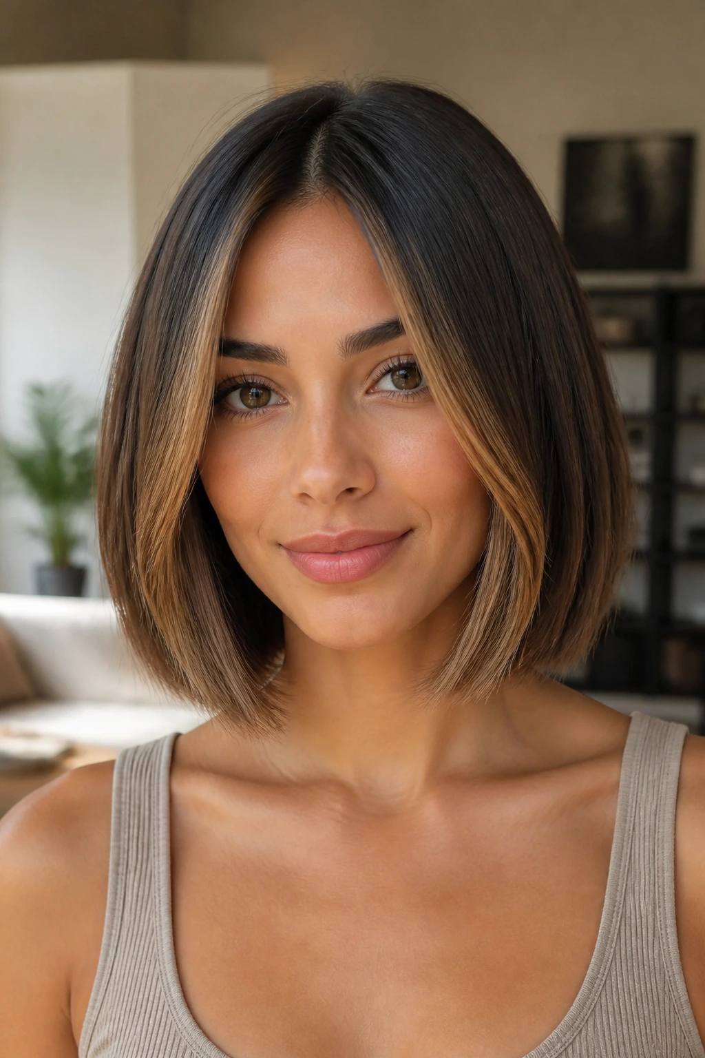 Real woman with blunt collarbone bob and caramel face-framing highlights.