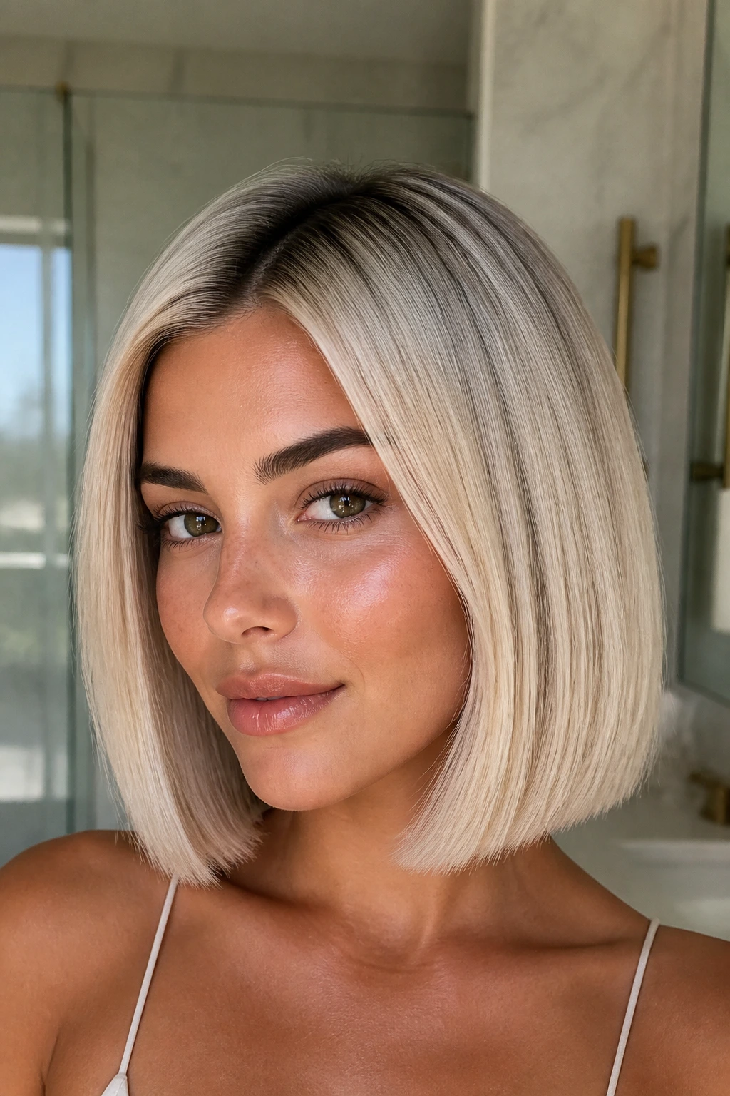 Close-up portrait of a real woman with a blunt collarbone bob and shadow root on platinum hair.