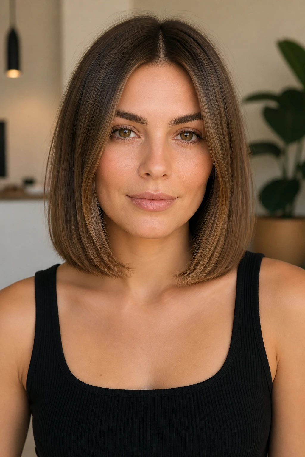 Close-up portrait of a real woman with blunt collarbone-length cut and center part