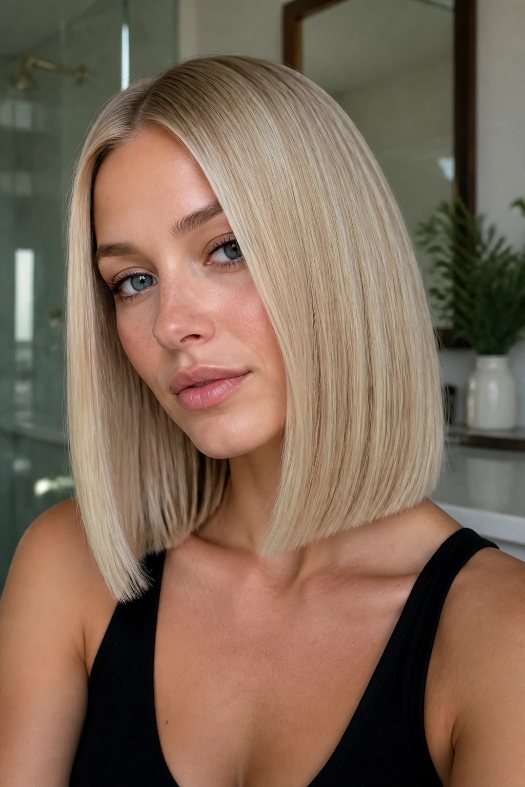 Close-up of a real woman with blunt collarbone cut in glassy ash-blonde.