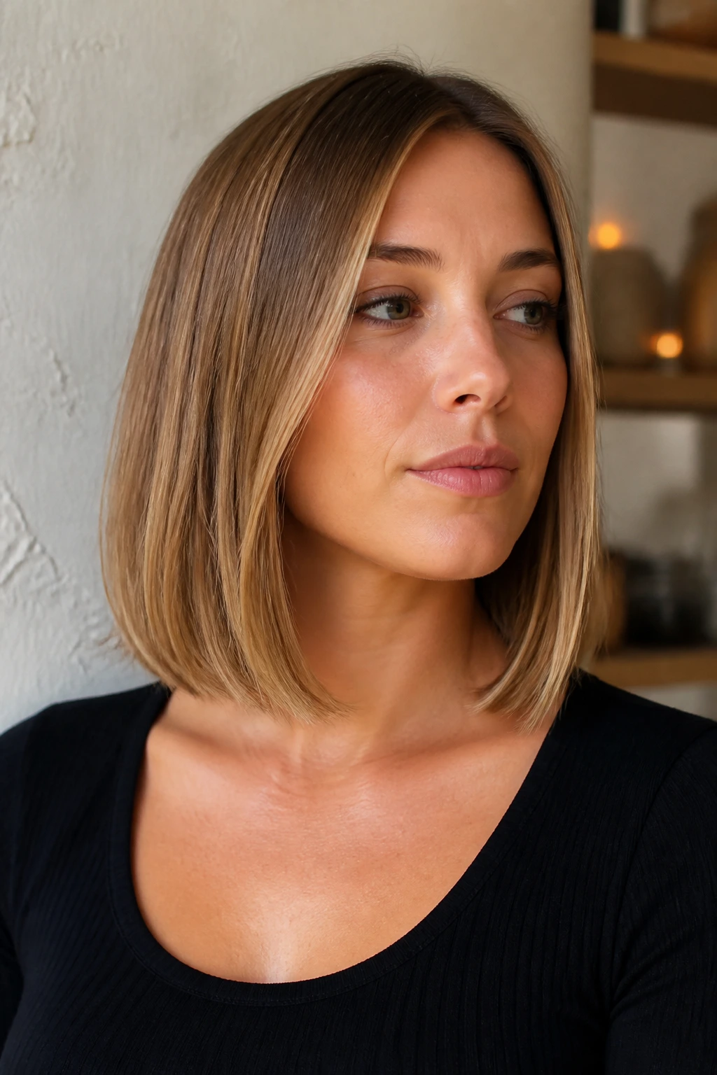 Close-up of a woman with blunt collarbone lob in soft room light