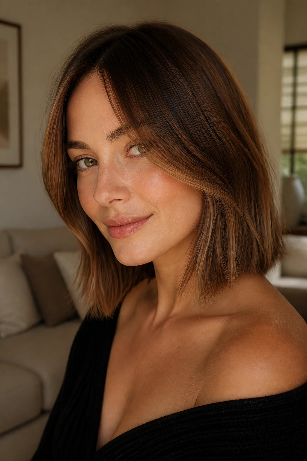 Portrait of a real woman with blunt collarbone-length lob and soft face-framing