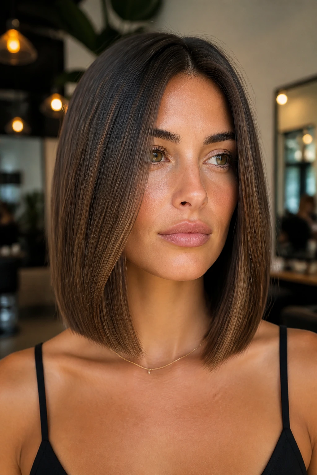 Close-up portrait of a real woman with blunt collarbone lob and crisp ends