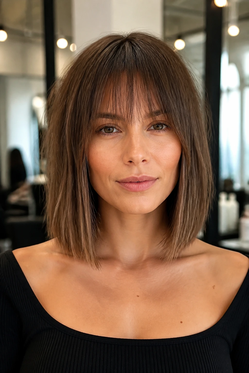 Close-up of a real woman with blunt collarbone lob and wispy brow-graze bangs on a square face.
