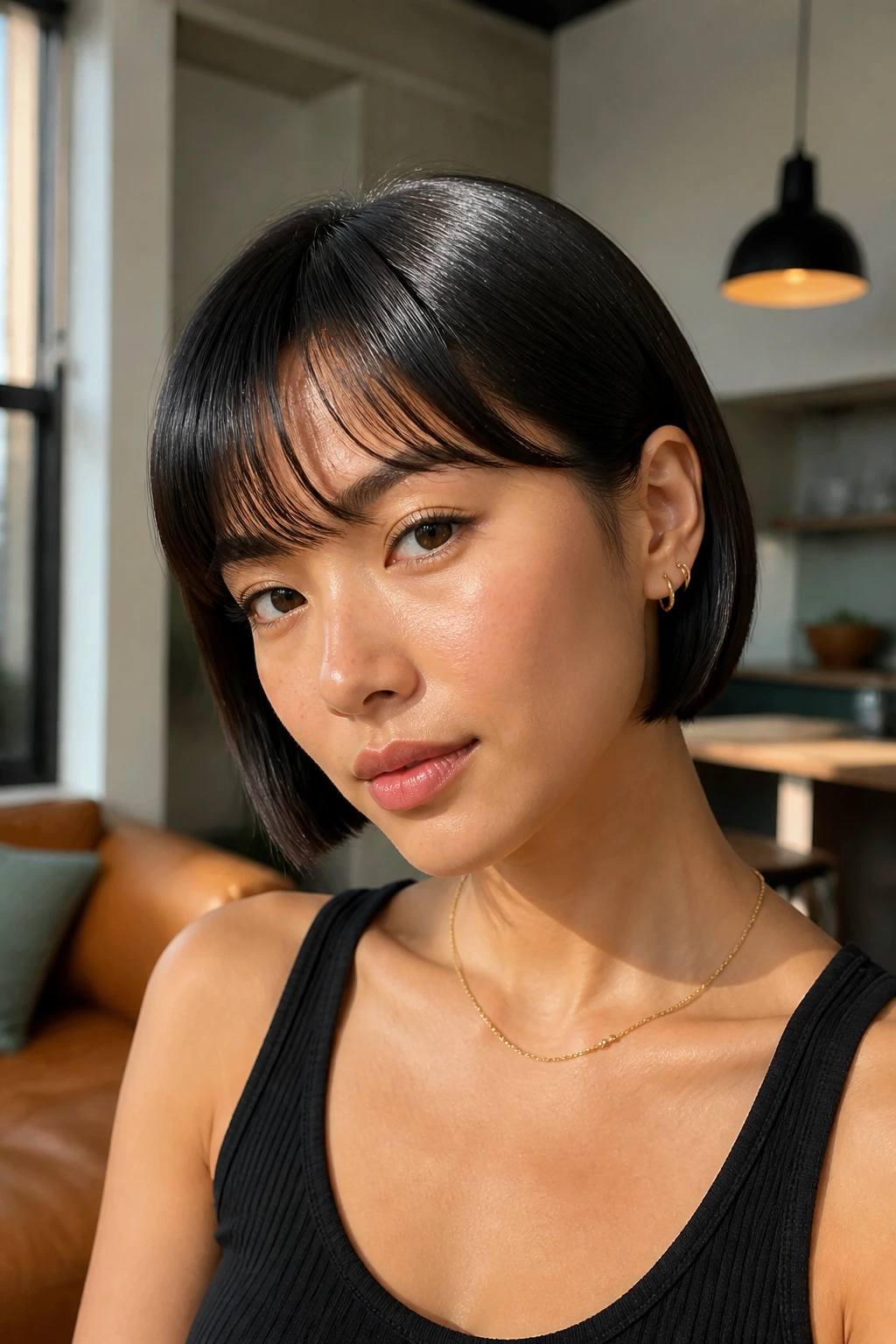 Close-up portrait of real person with sleek blunt crop and feathered bangs