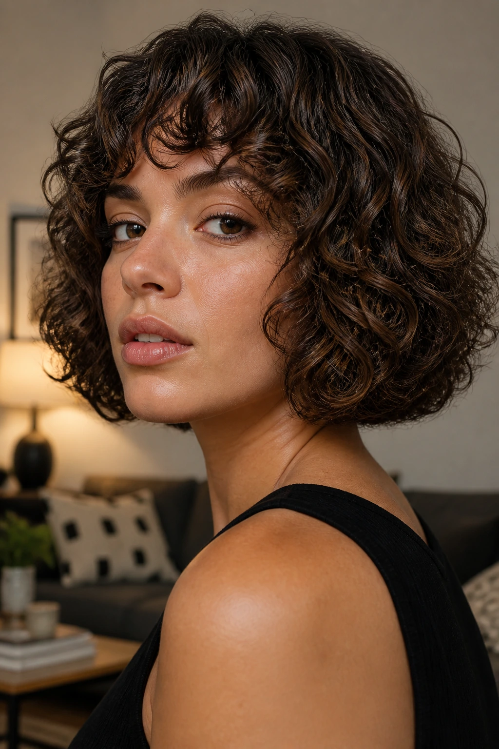 Close-up portrait of a real woman with a blunt curl bob and dark roast lowlights