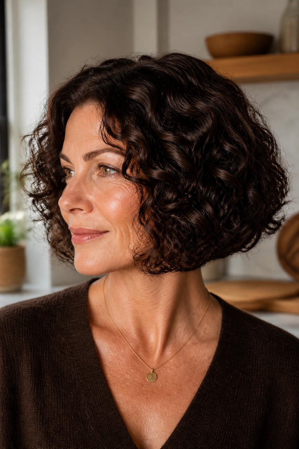 Real woman with blunt curly bob and dark chocolate shine in sunlit kitchen
