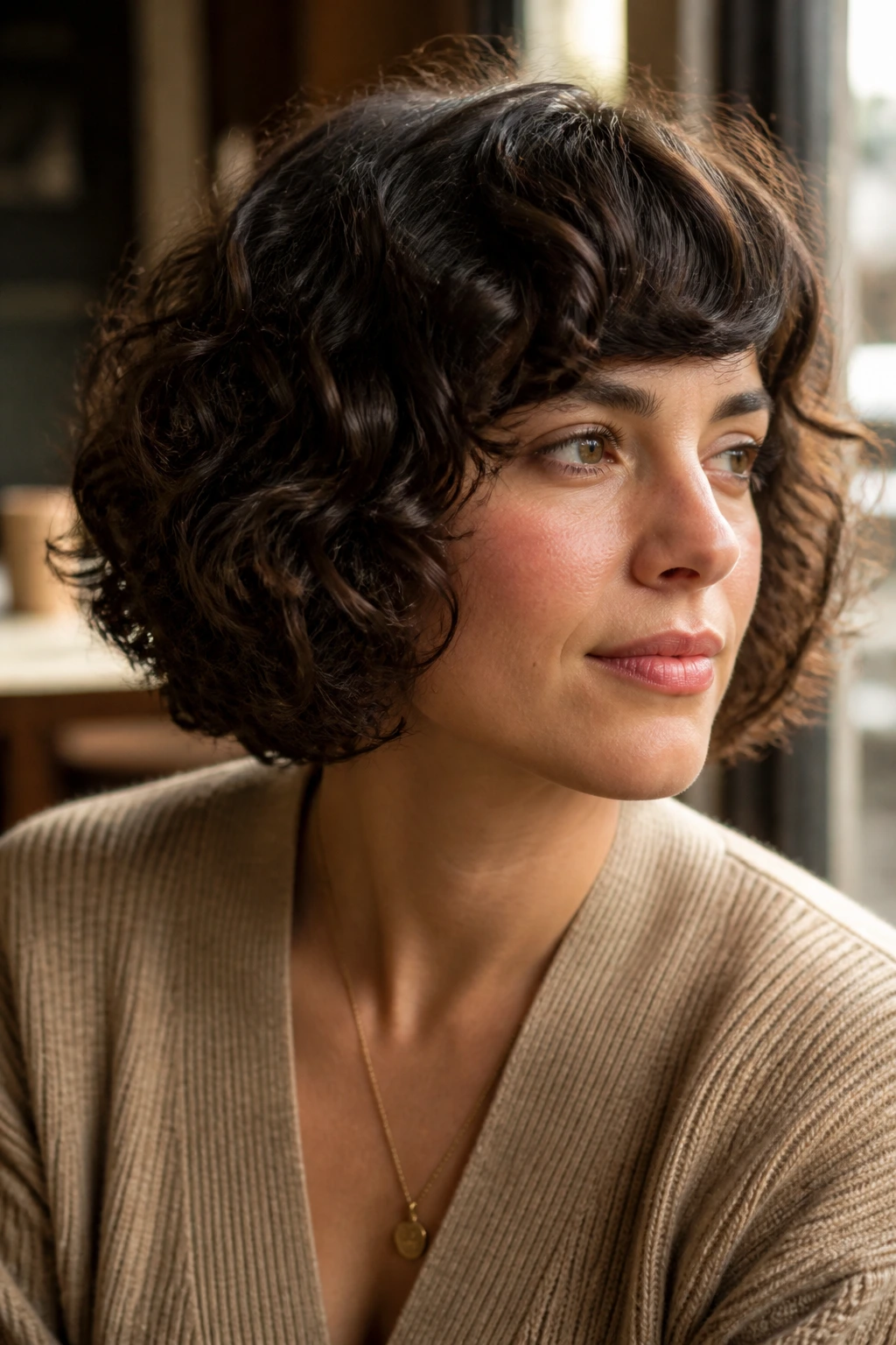 Close-up of a real woman with a blunt curly bob and curved fringe in cafe window light