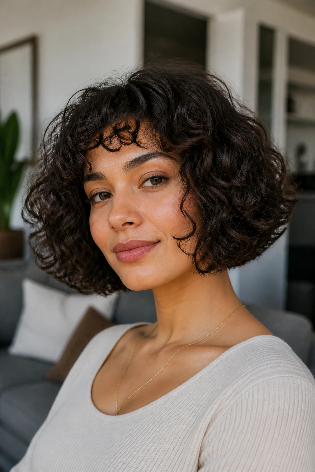 Real woman with blunt curly bob and hidden texture in bright living room lighting