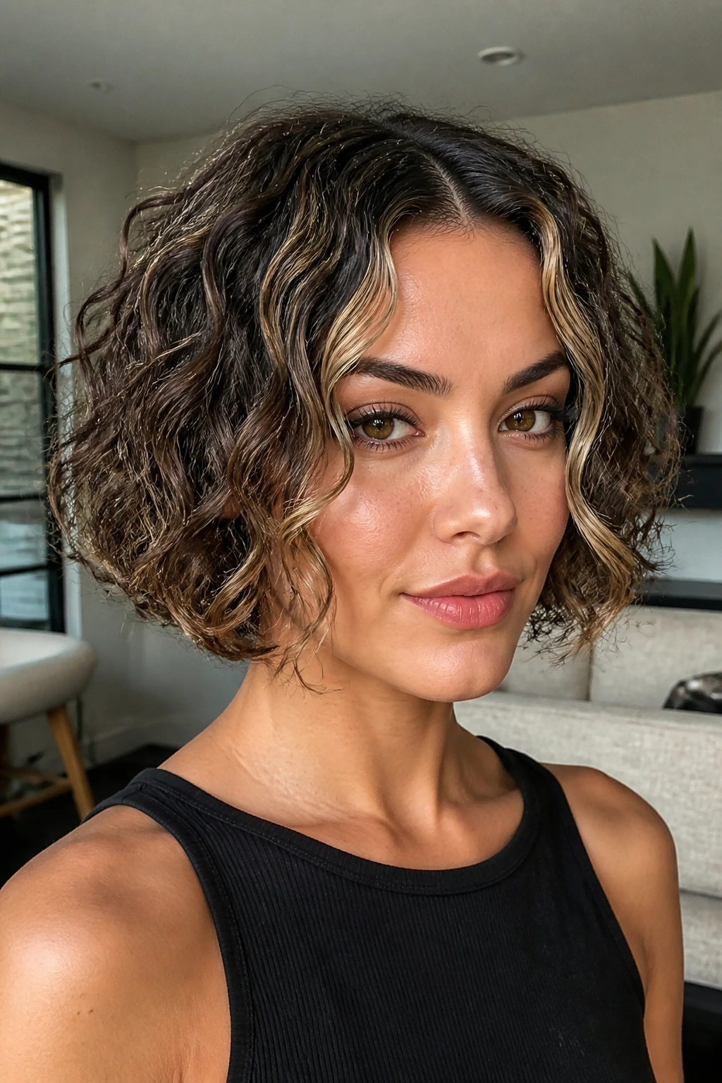 Close-up of a real woman with blunt curly bob and thin money piece.