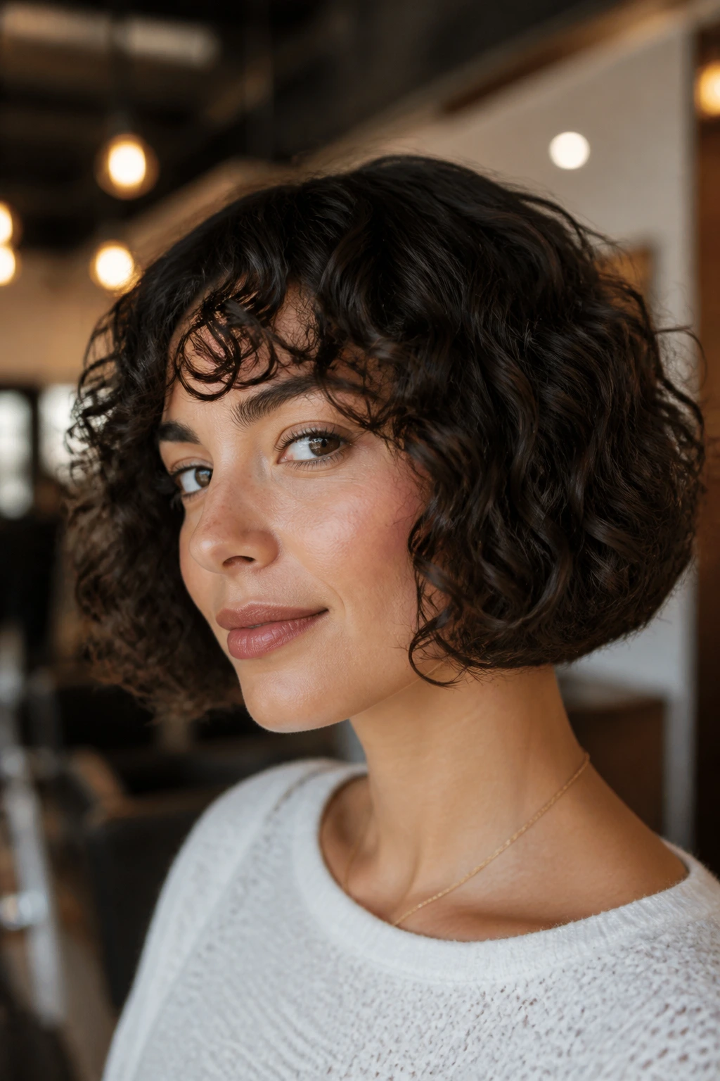 Close-up portrait of a woman with blunt jaw-length curly bob