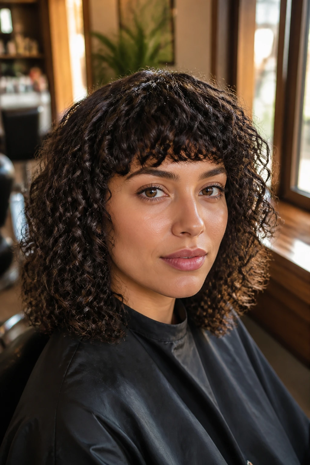 Close-up of a real woman with a blunt curly fringe across the forehead on an oval face