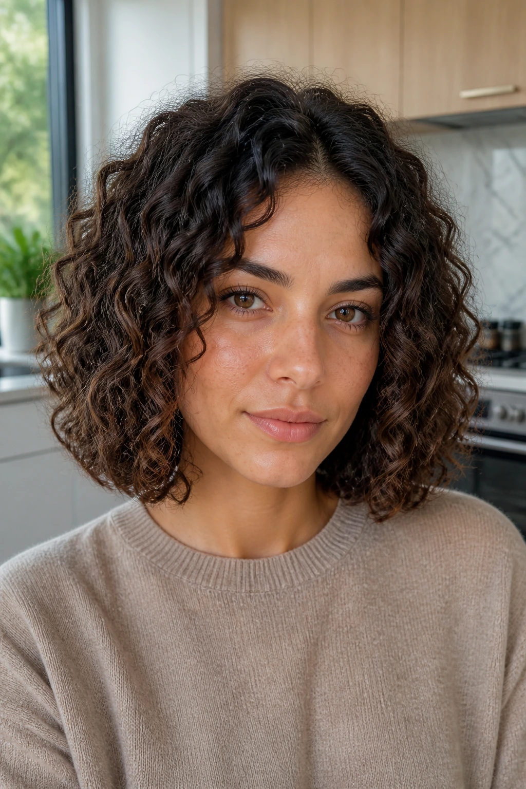 Close-up portrait of a woman with blunt curly lob showing a crisp bottom edge