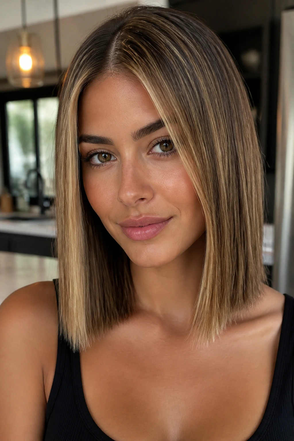 Real woman with straight blunt cut and warm blonde babylights in a modern kitchen setting.