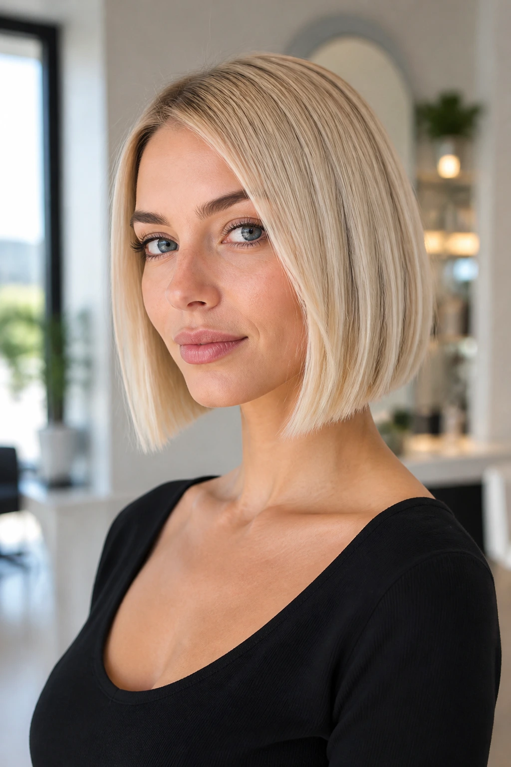 Close-up of blonde woman with blunt jaw-length cut and defined edge