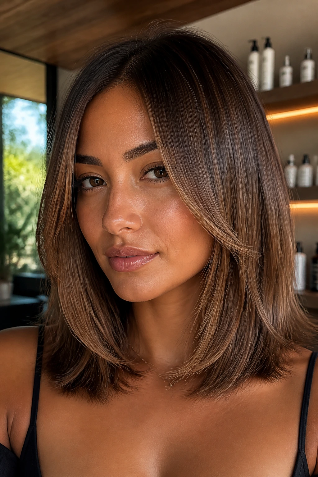 Close-up of a person with a blunt cut and soft layers framing the face