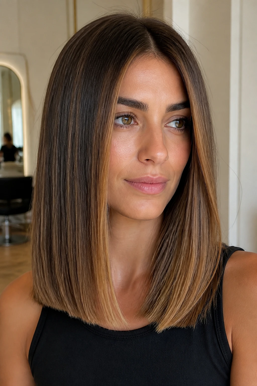 Close-up of blunt one-length cut with caramel veils around the front