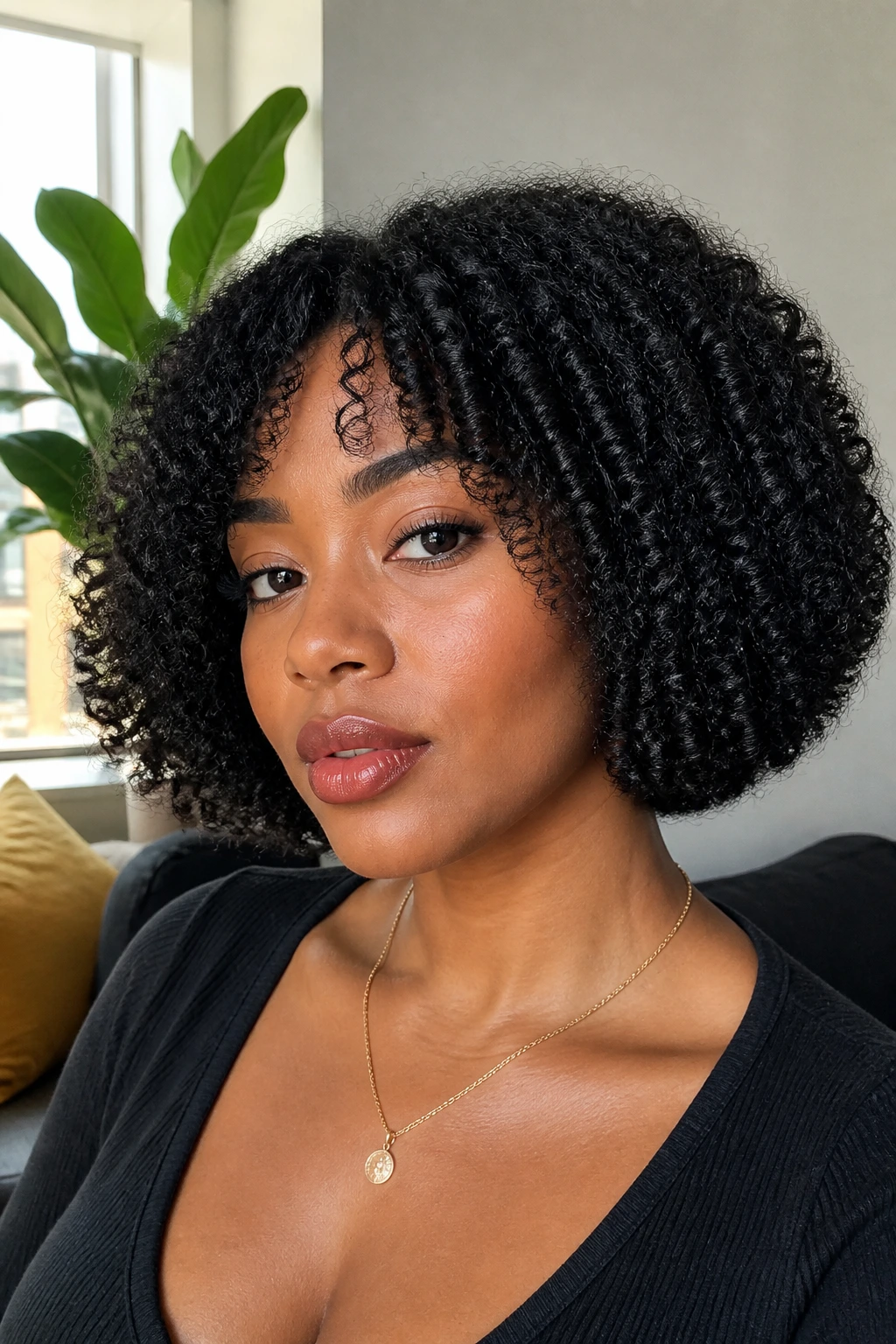 Real woman with blunt-cut dense coil bob in modern living room lighting