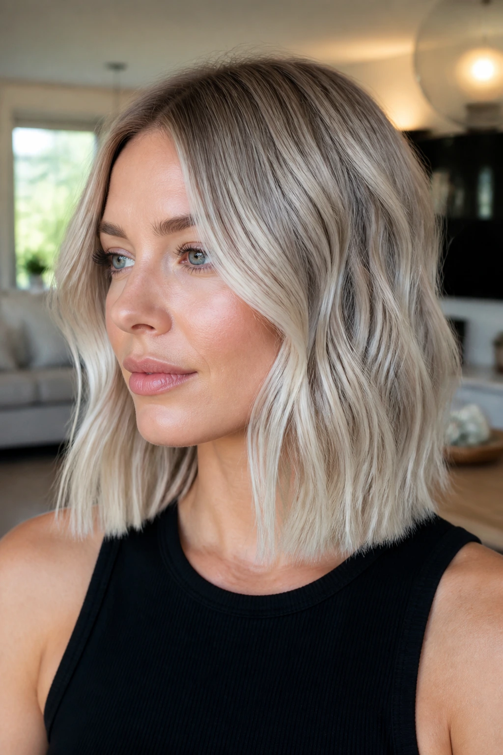 Portrait of a real woman with blunt cut cool blonde dimension