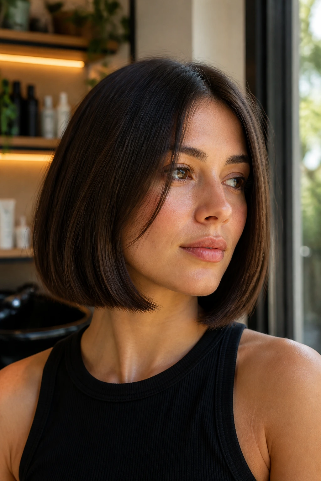 Portrait of a person with a blunt cut showing density and structure in warm salon lighting