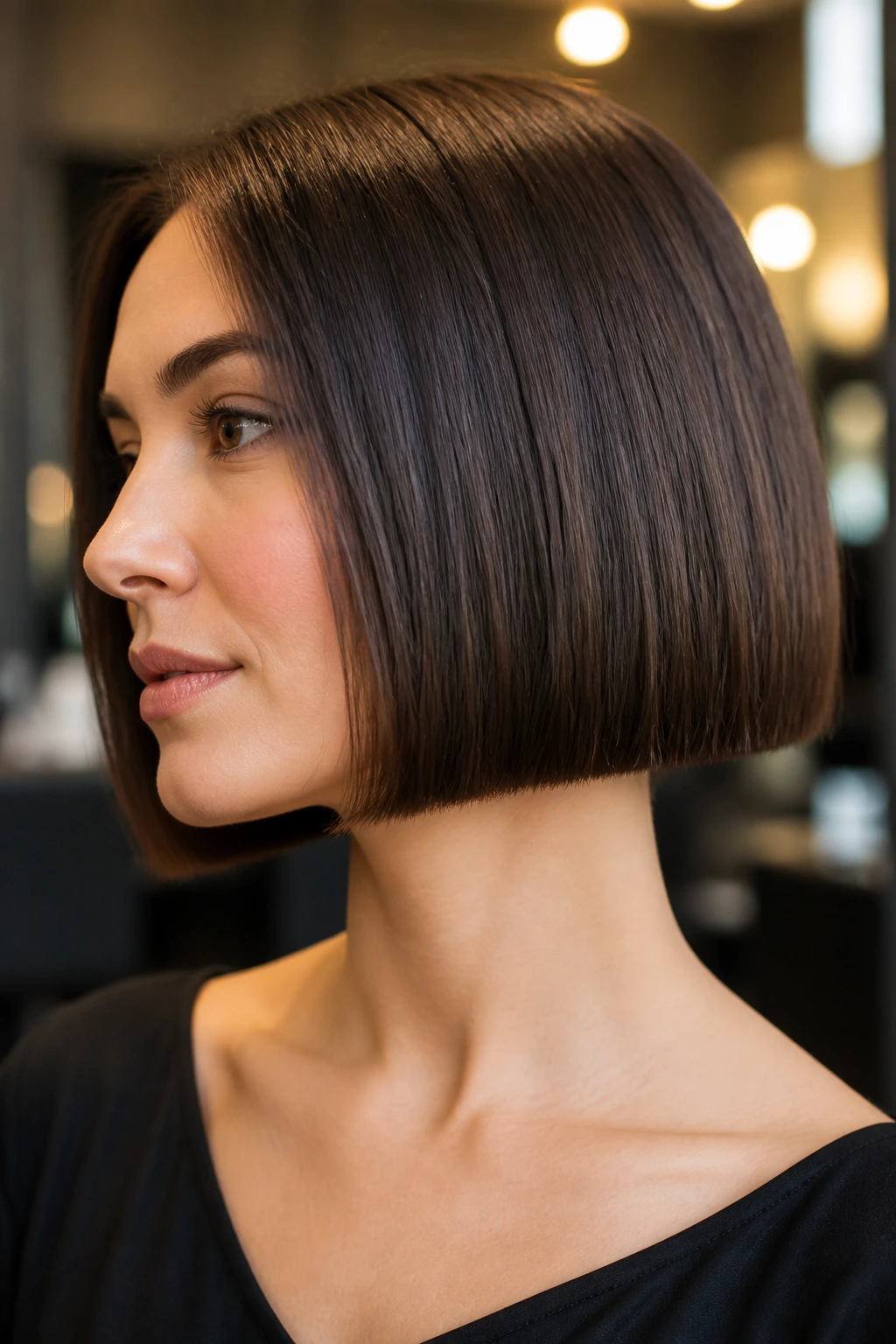 Close-up of a real woman's blunt haircut edge in a warm salon setting
