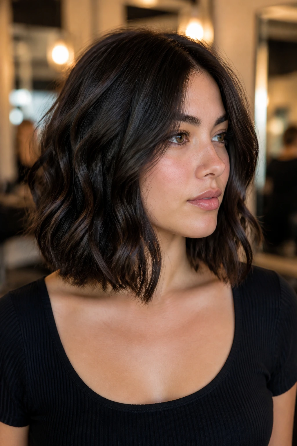 Close-up portrait of a real woman with blunt medium cut featuring hidden internal layers for subtle texture.