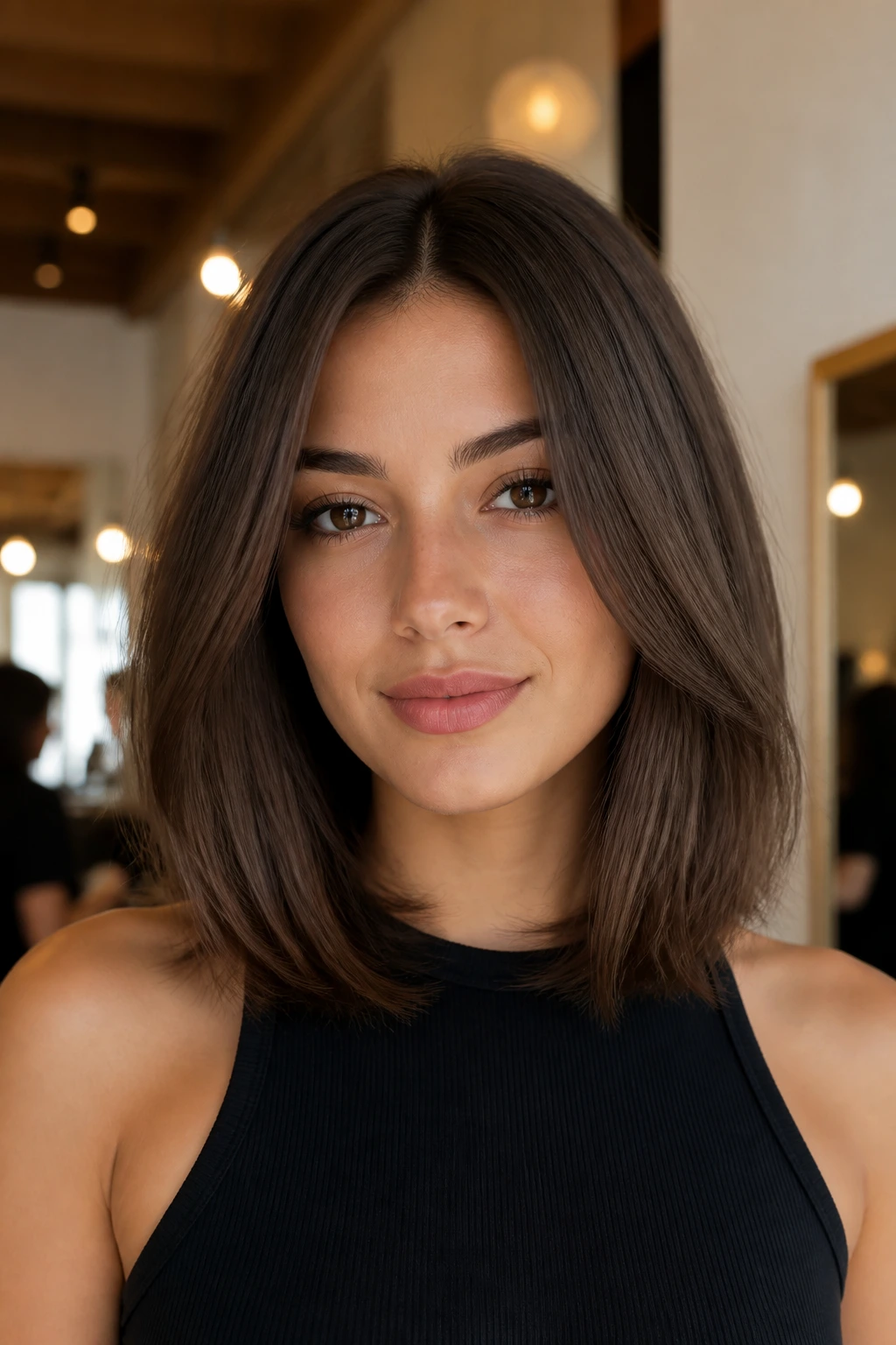 Portrait of a woman with blunt midi cut showing hidden interior movement
