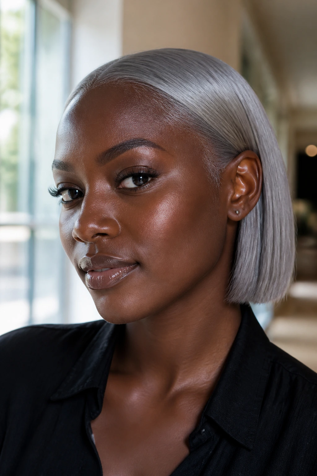 Close-up portrait of a real person with a tucked-back blunt cut, mirror shine on deep skin.
