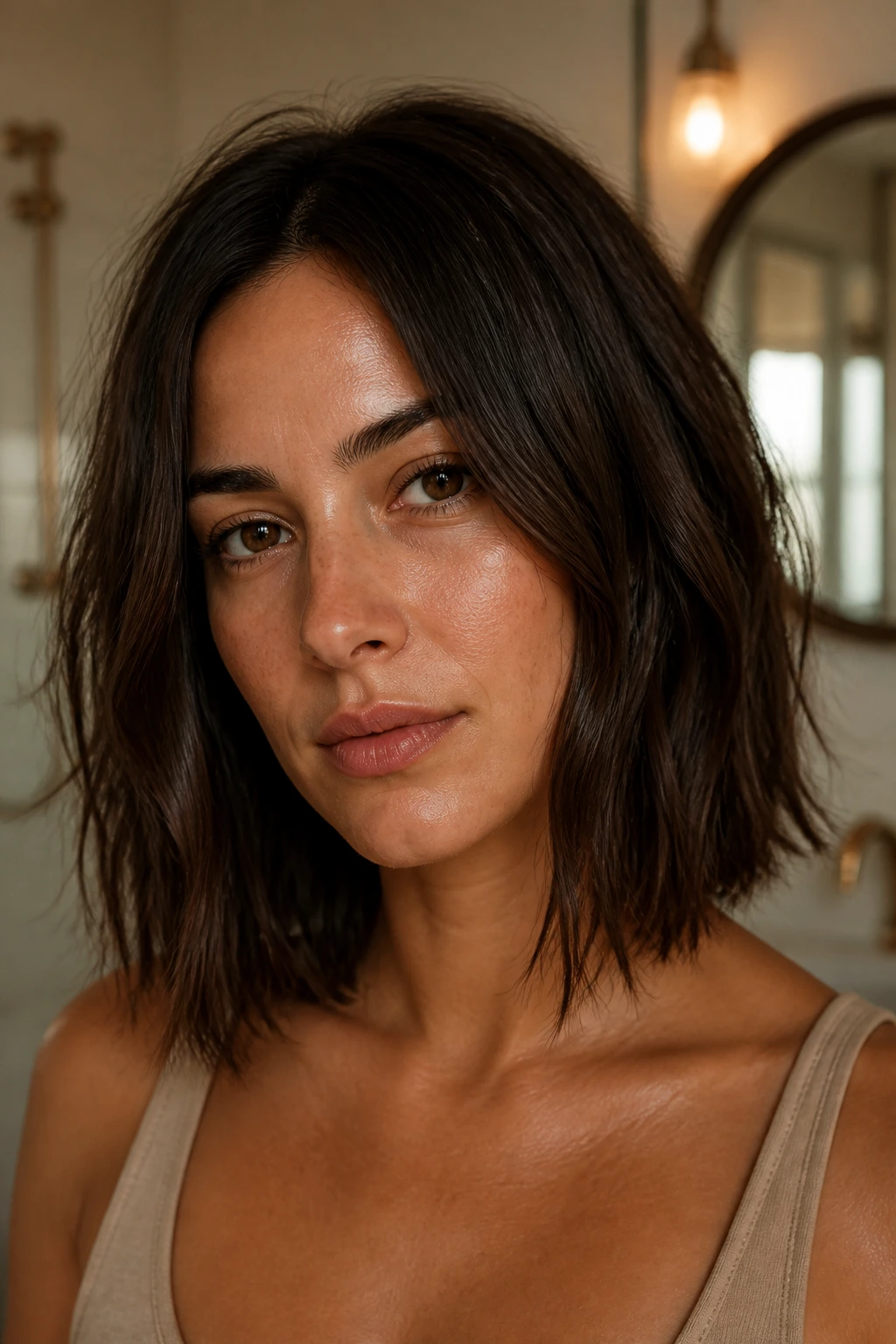 Brunette with blunt shoulder-length cut and gritty texture in soft room light