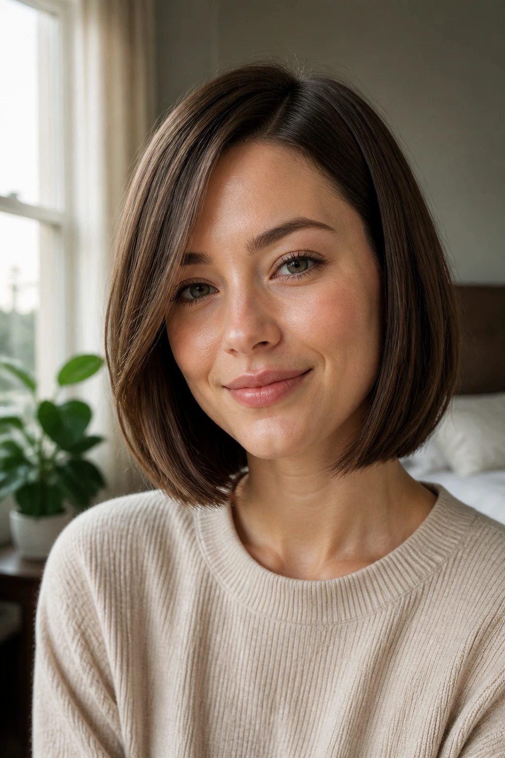 Close-up of a real woman with a blunt cut featuring subtle internal layers and an off-center part.