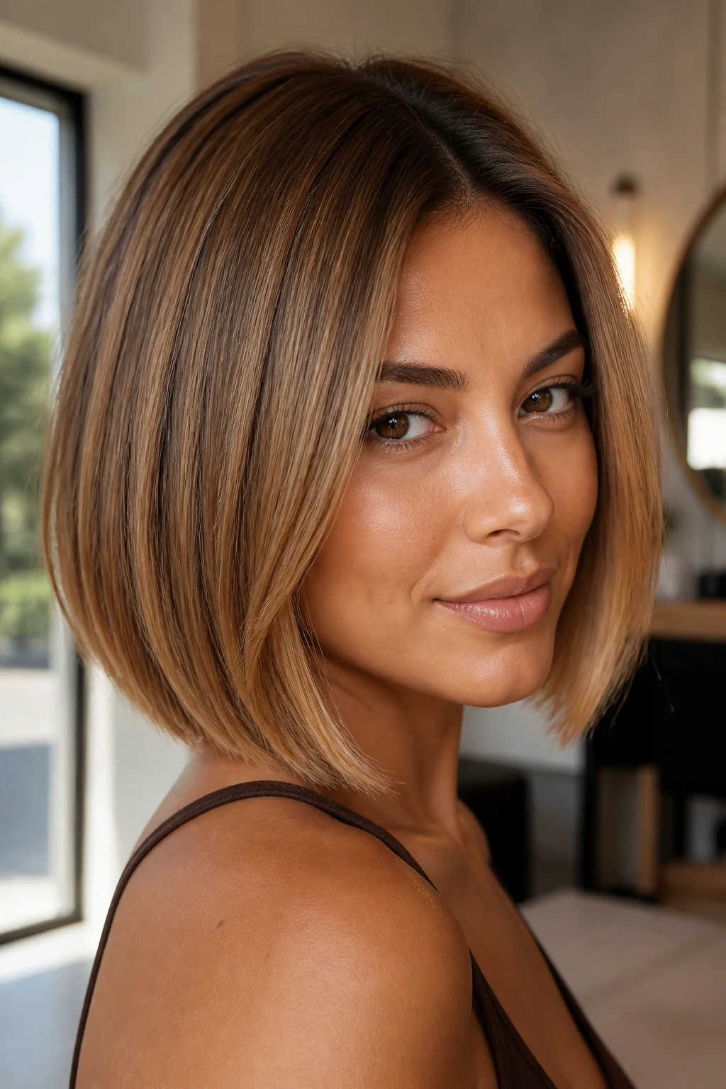 Close-up of a real woman with blunt-cut hair in warm caramel color on tan skin, root lift for fullness