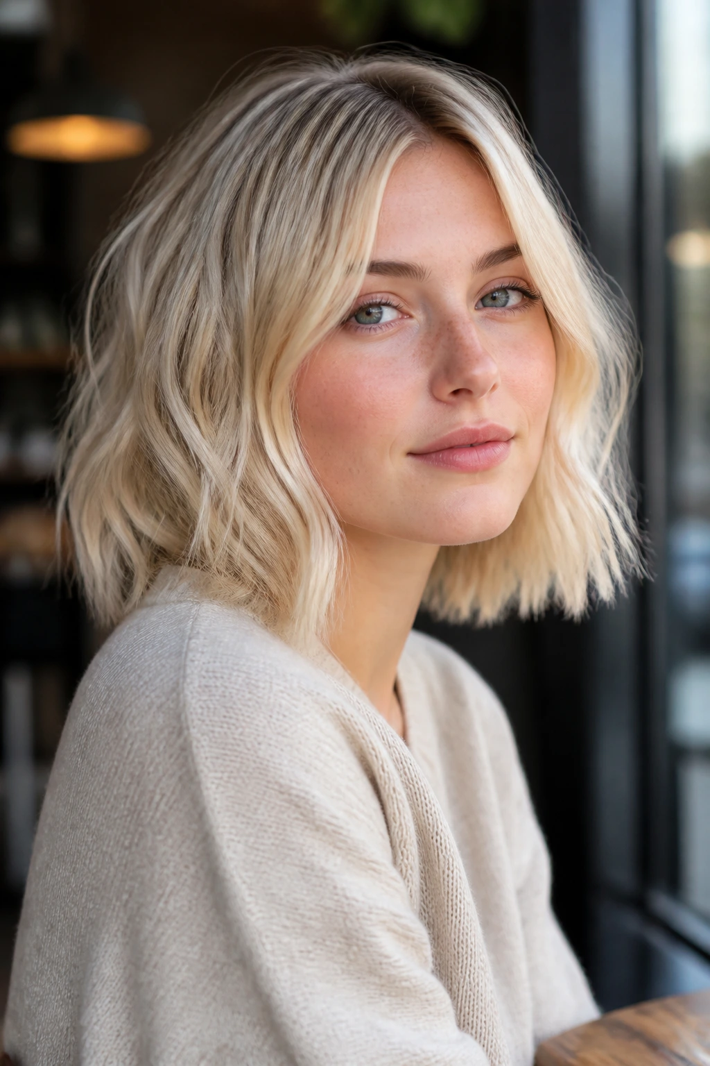 Real woman with whipped cream blunt cut in creamy blonde tones