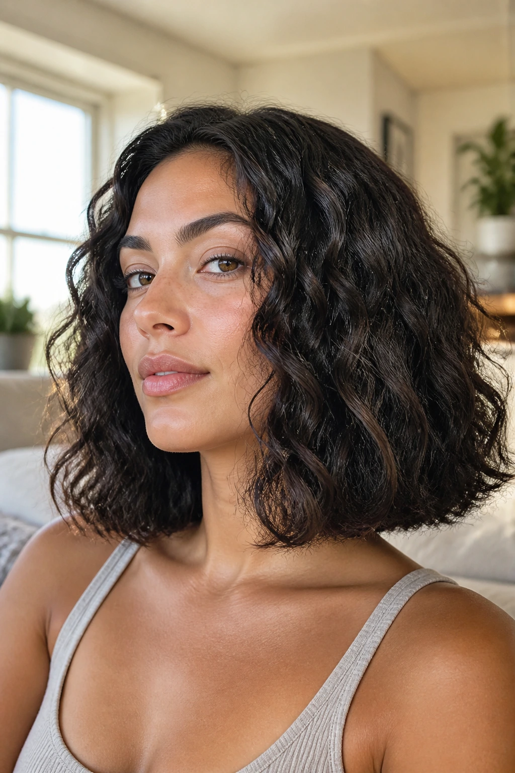 Portrait of a real person with shoulder-length blunt cut and thick waves