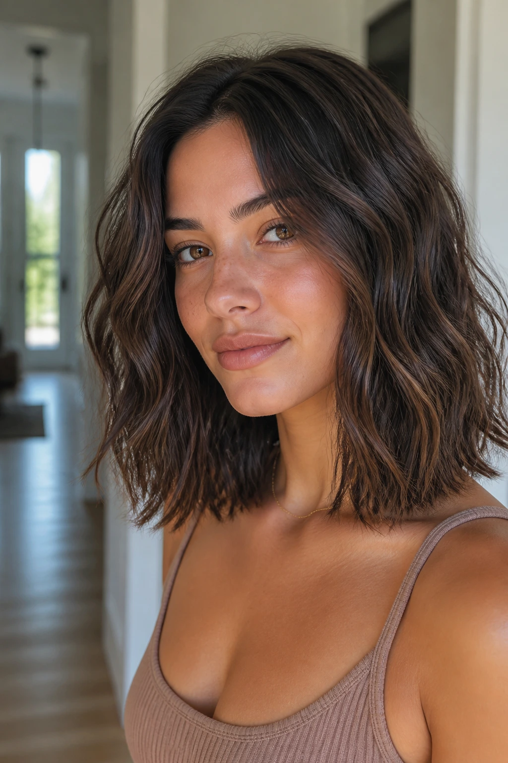 Close-up of an oval-faced woman with blunt mid-length cut and loose texture.
