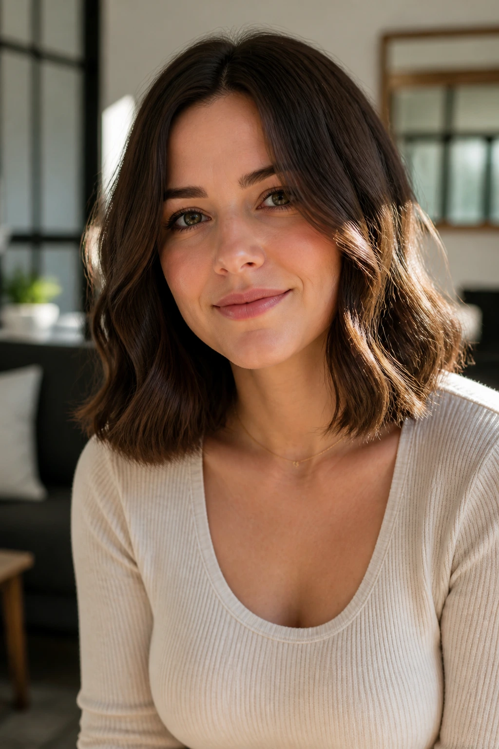 Close-up portrait of a real woman with blunt-cut waves and soft texture