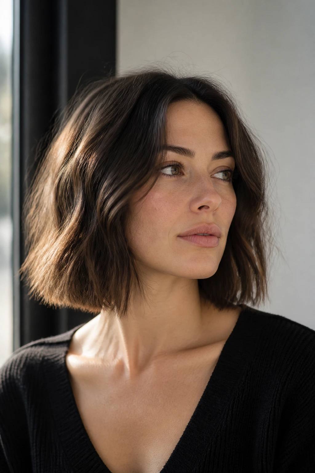 Close-up of a woman with a blunt-cut wavy lob framing a square jaw