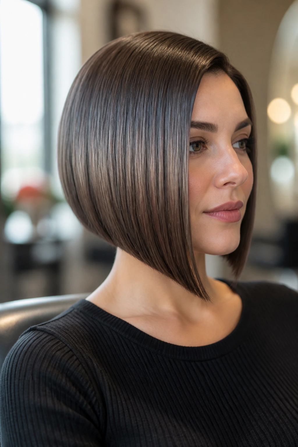 Close-up of a woman with a glossy blunt diagonal bob highlighting a jaw-length edge