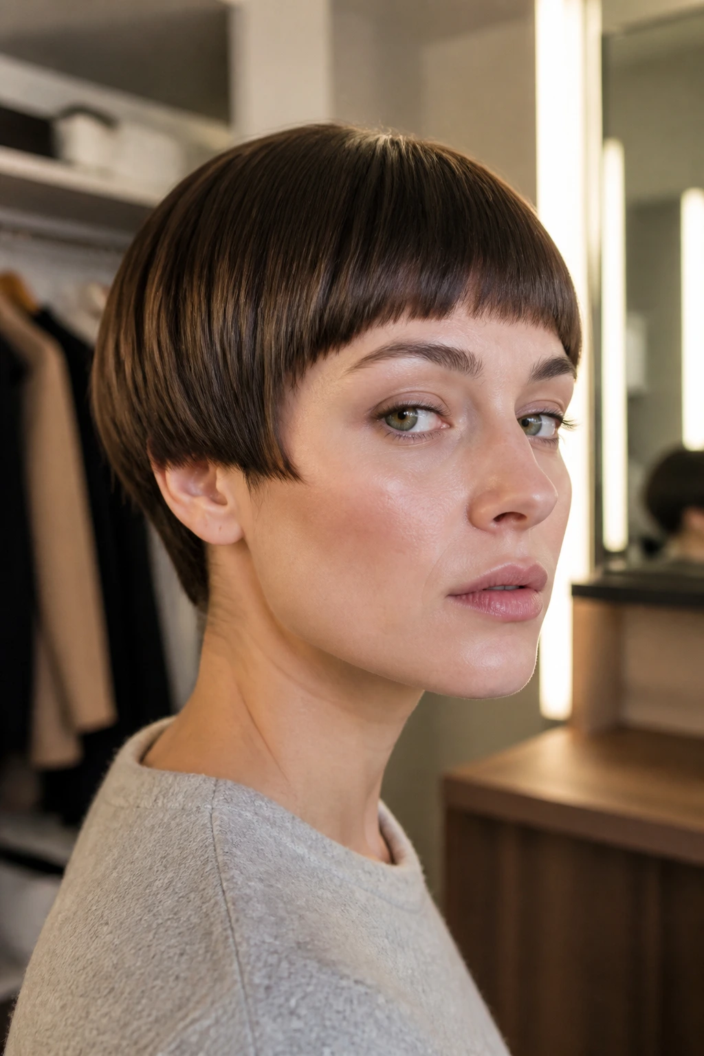 Close-up of a real woman with a blunt ear-length bowl and a narrow fringe